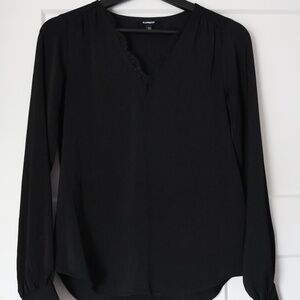 Express Black Silky V-Neck Blouse with Lace Trim - XXS